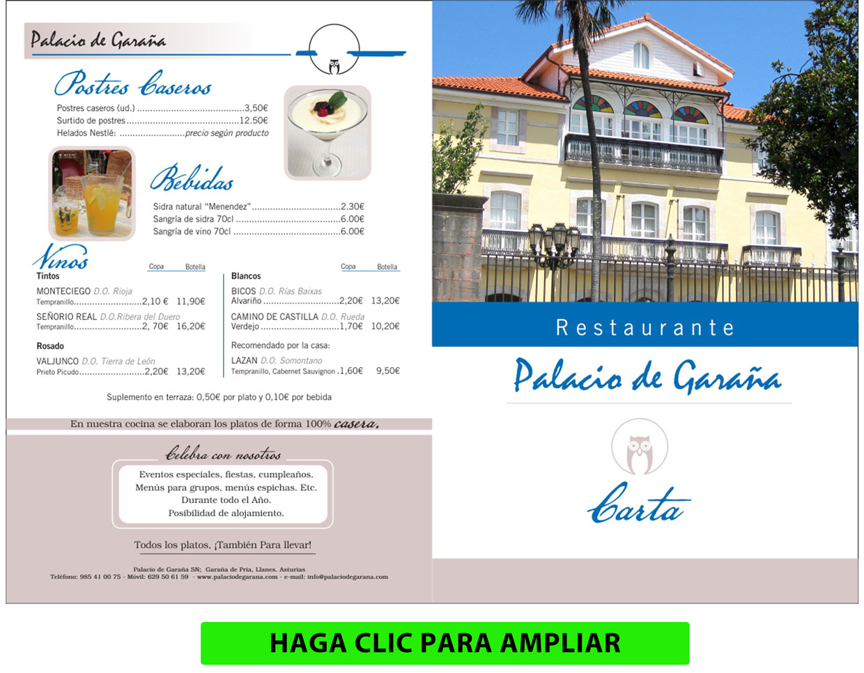 Carta del restaurante Palacio de Garaña en Pría (Llanes)